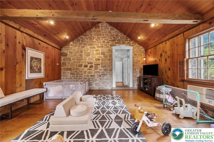 Rustic great room retreat with stone accents.