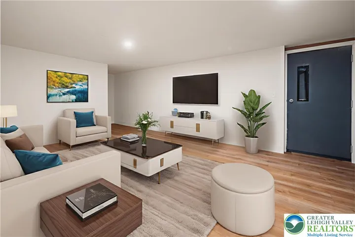 Virtually staged room in finished basement