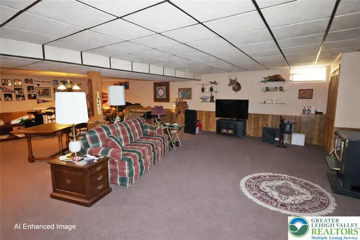 Lower level walk-out recreational room with wood burning stove