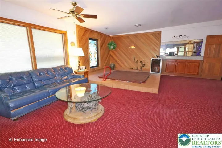 Family room with sunken hot tub