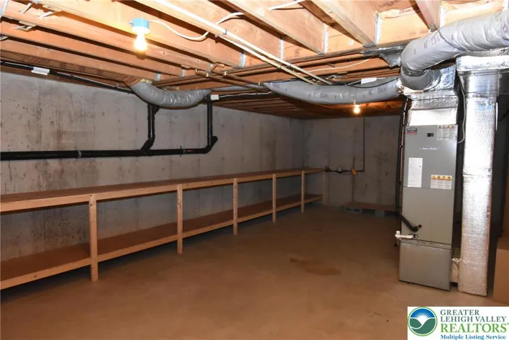 Full basement with lots of shelves
