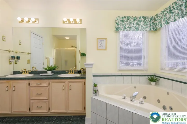In the mirror you can see the separate shower, and to the right of the shower is the toilet alcove.