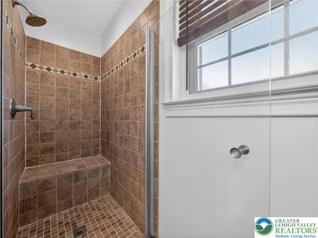 Elegant tiled shower with natural light.