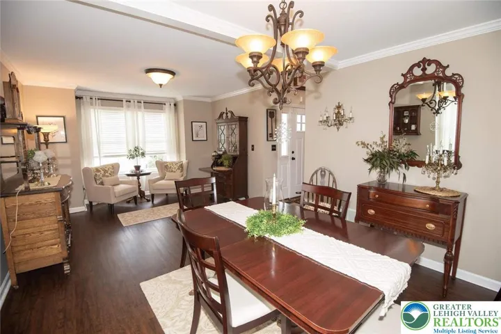 view as you enter the dining room area; beautiful wood floors, crown molding, and elegant chandelier