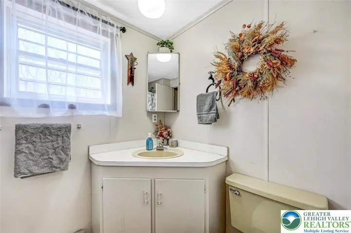 The Full Bath includes a corner vanity with storage and a mirrored medicine chest.
