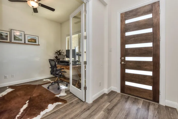 This photo shows the open french doors