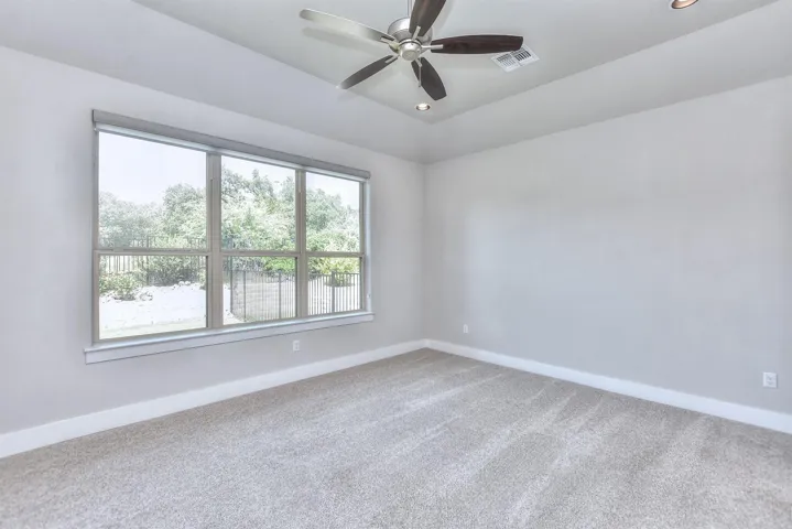 Primary Bedroom is at the rear of the house with a triple window and a view of the back yard...
