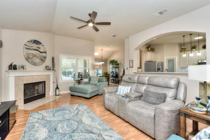 Large, open family room with plantation shutters