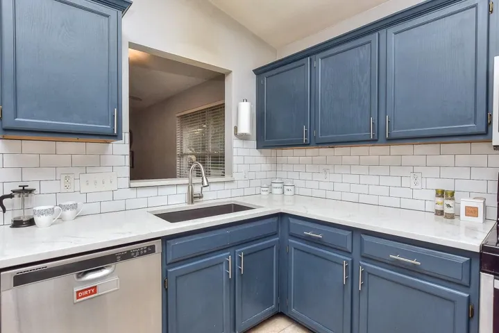 Kitchen with stainless steel dishwasher, decorative backsplash, a sink, and blue cabinets