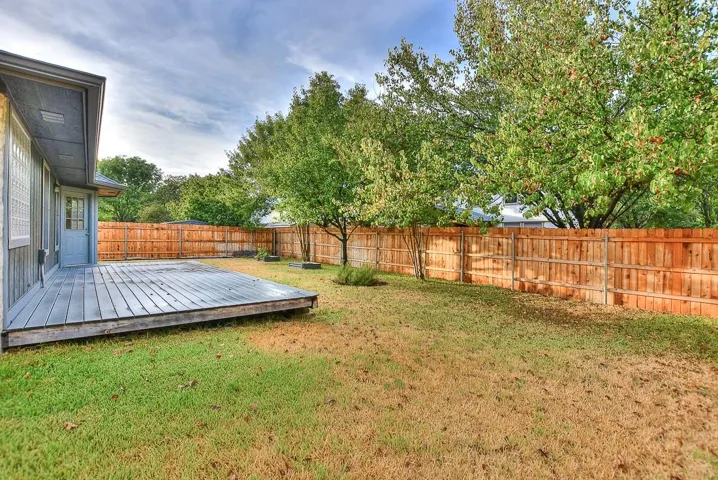 View of yard featuring a fenced backyard and a wooden deck