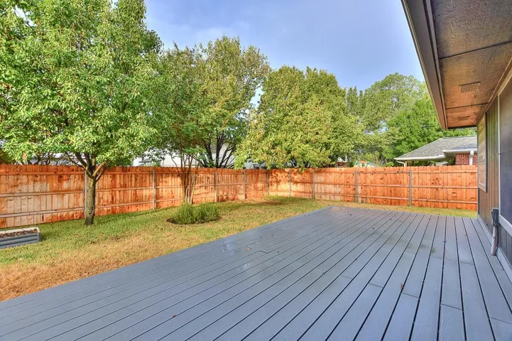 Wooden deck featuring a fenced backyard and a yard