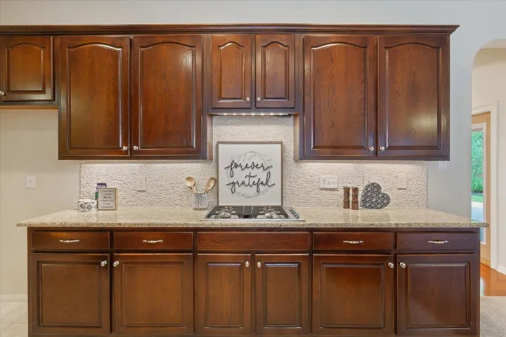 Kitchen featuring stainless steel gas stovetop, light stone counters, decorative backsplash, and arched walkways