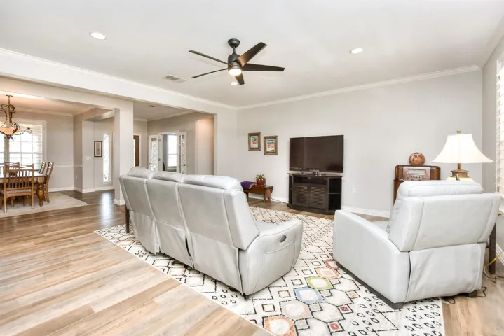 Living area with light wood-type flooring, ornamental molding, ceiling fan with notable chandelier, baseboards, and visible vents