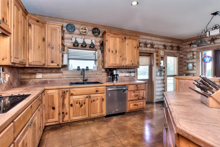 Kitchen with stainless steel dishwasher, tile counters, a sink, and log walls