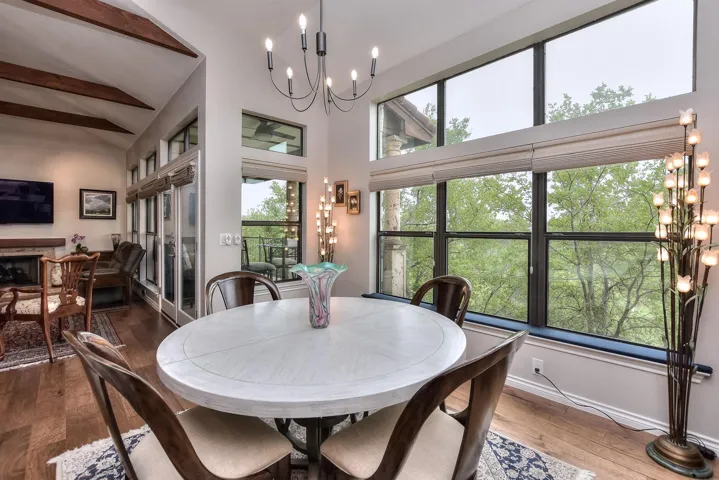 Dining space with an inviting chandelier
