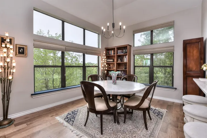 Dining space with chandelier. 
