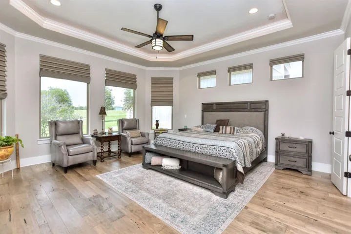 Bedroom with a tray ceiling, light wood-style floors, ornamental molding, baseboards, and recessed lighting