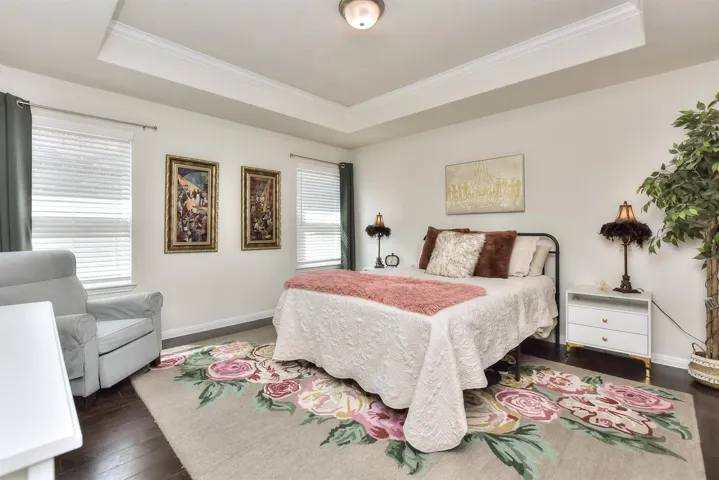 Bedroom with a tray ceiling, multiple windows, dark wood-style floors, and ornamental molding