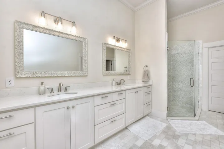 Bathroom featuring crown molding, double vanity, and a stall shower