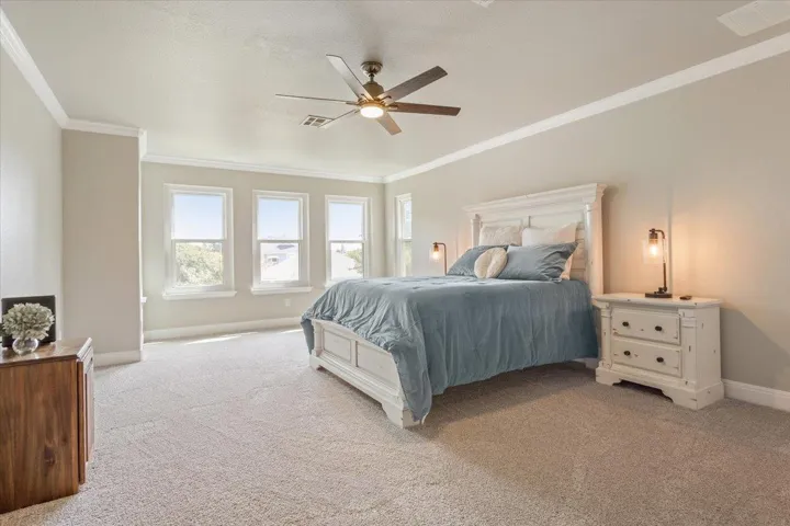 Primary bedroom with lots of windows and natural light