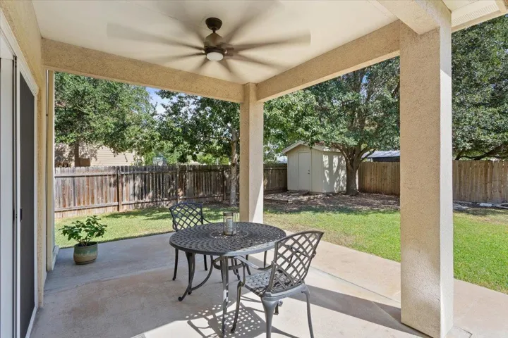 Fenced backyard area, and covered patio