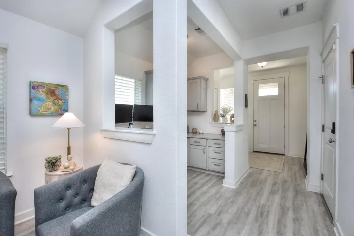 Entrance foyer with light wood-type flooring, visible vents, and a wealth of natural light