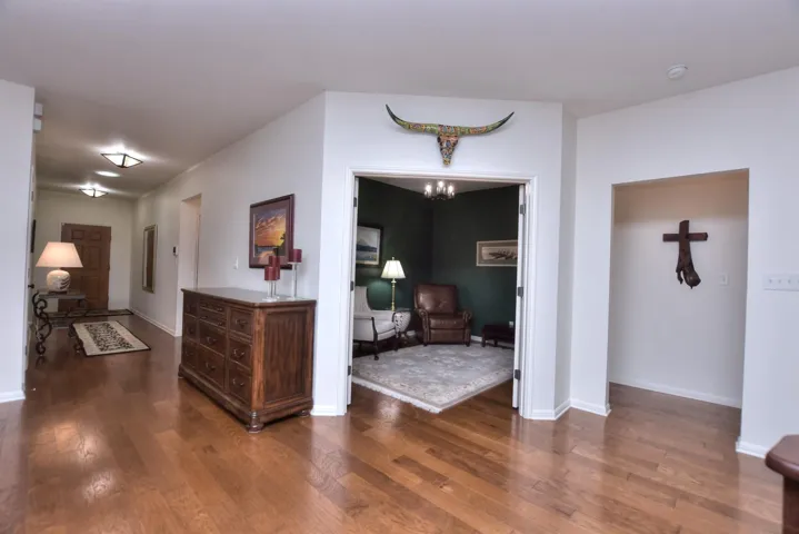 At the end of the foyer on the left is the entry to the flex room/study.  It has French doors...