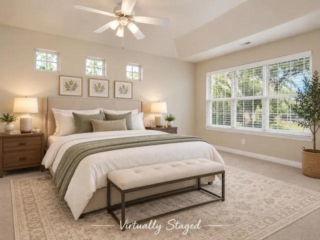 High vaulted ceilings and generous window design illuminate this comfortable, carpeted bedroom.