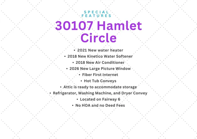 An essential list of property features for a residence located at 30107 Hamlet Circle.