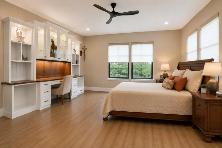 Second Bedroom is just down the hall from the Primary Bedroom.  This bedroom has a 4 door closet and a Full Bathroom just outside.  It was drawn on the blue print as a bedroom & Seller added a gorgeous built-in desk...
