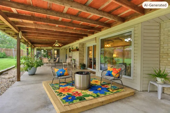 The quaint raised deck sits just outside of the bay window in the dining area.