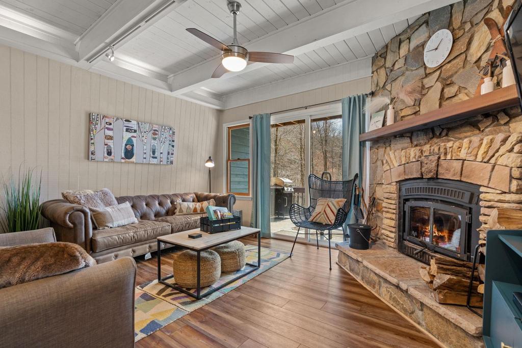 Cozy up near the wood burning fireplace