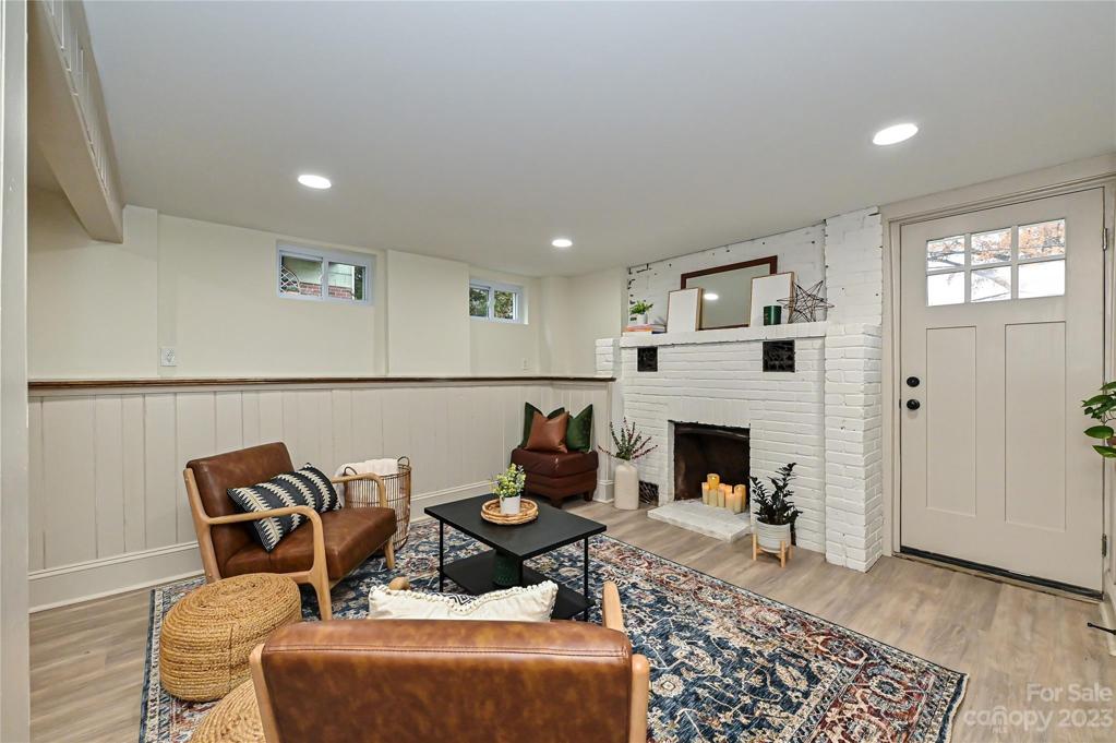 Basement living room is cozy & bright