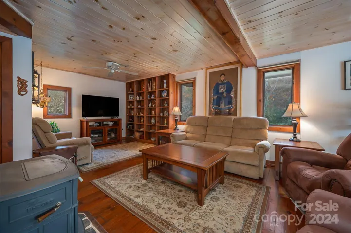 Family room with woodburning stove.