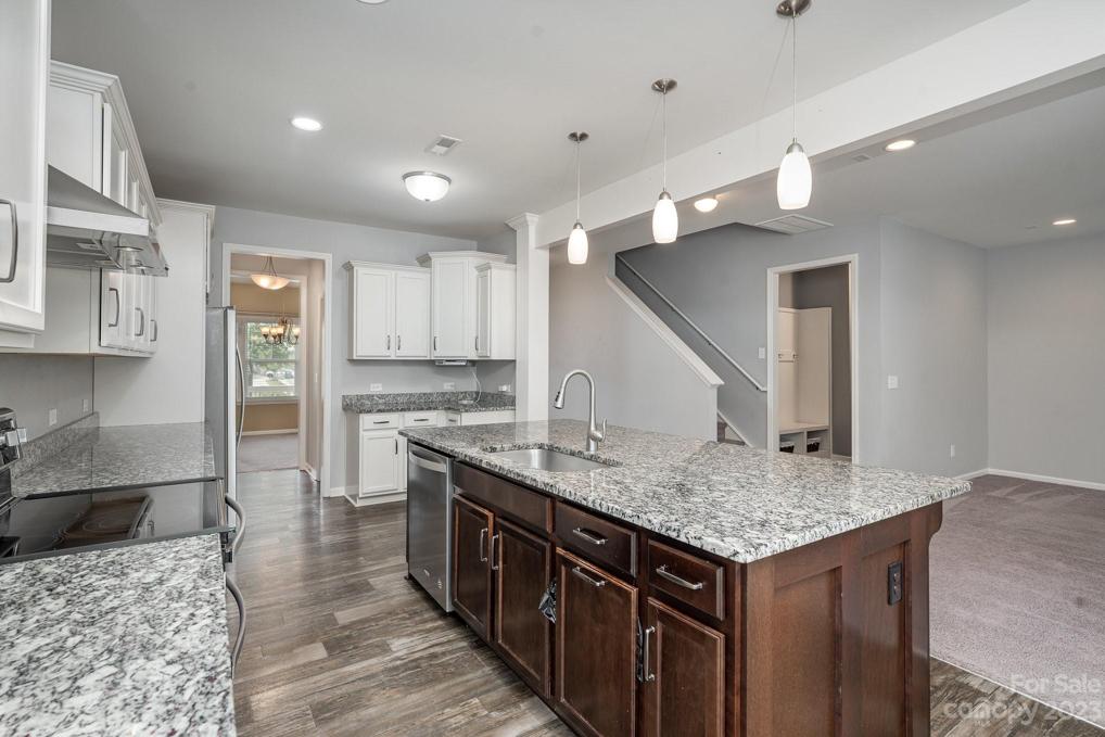 Gorgeous pendant Lights and additional recessed lighting make this space a joy to cook and host guests