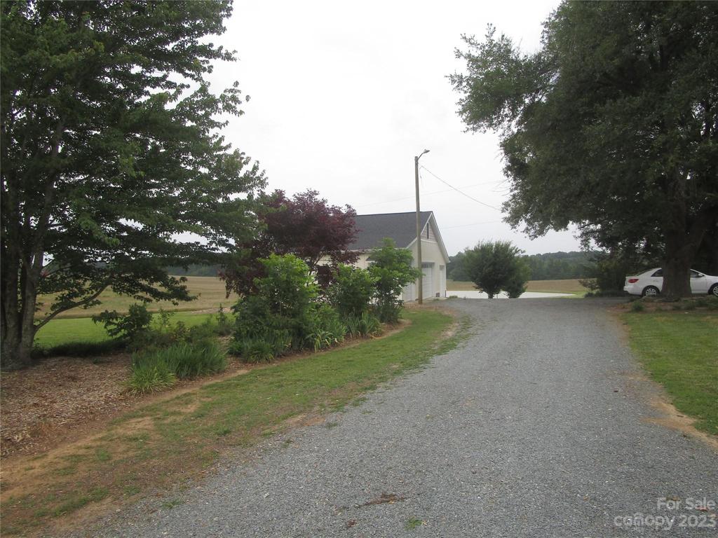 View down driveway to pond