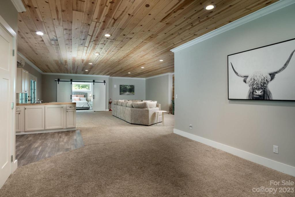 Flex space in the finished walk-out, daylight basement! Sprawling media room (or guest suite) has a stunning pine ceiling, wet bar/ kitchenette,