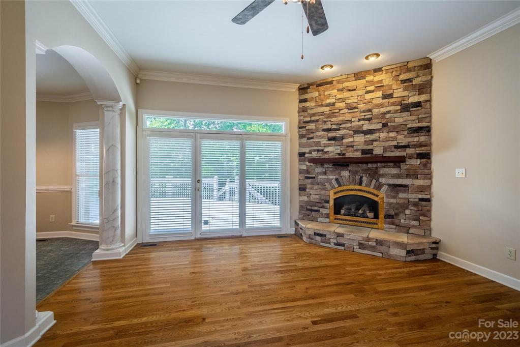 Family Room Fireplace Focused French Door View