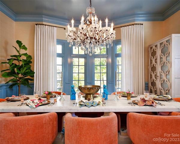 DINING ROOM; Metallic grass cloth wallpaper.