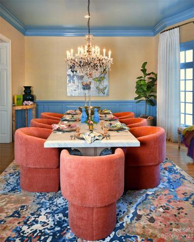 RH® Chandelier and Lacquered molding, ceiling and trim.