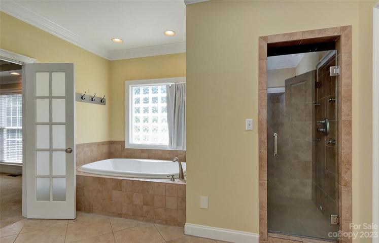 Large garden tub and separate tile shower with 4 wall body sprayers