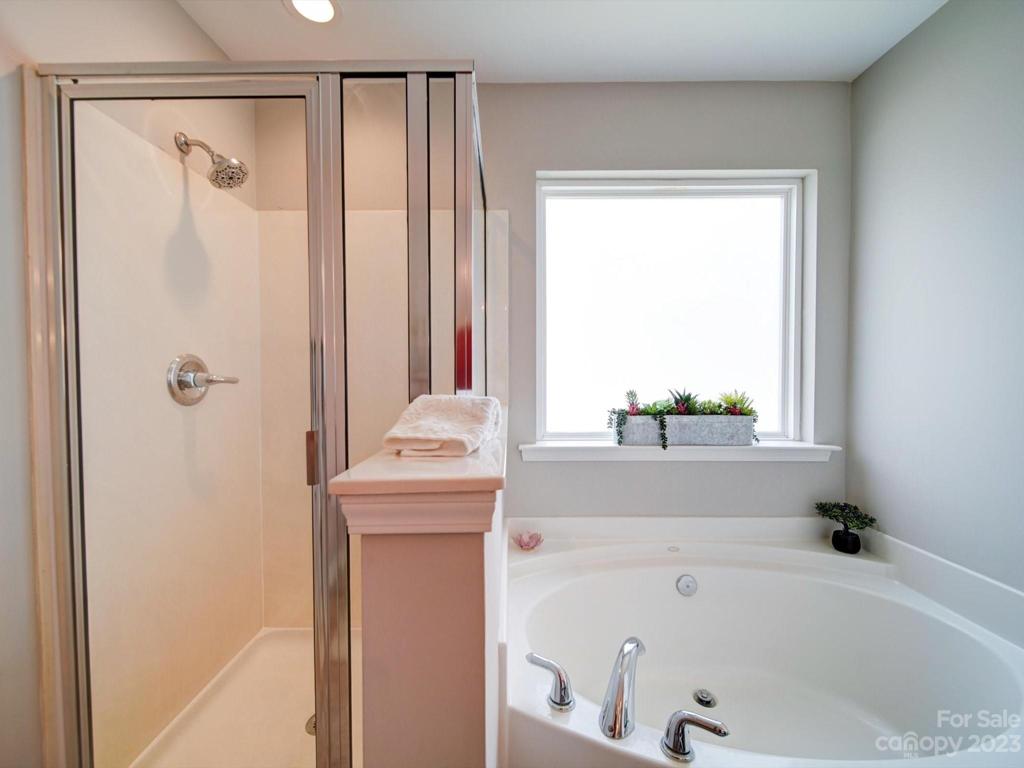 Separate tub and shower with window for light but frosted for privacy!
