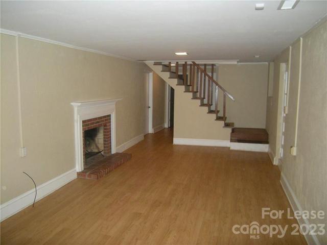 Downstairs Den with wood-burning fireplace. Behind closed door is laundry room.