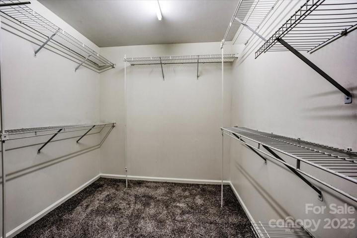 large walk in closet in primary bedroom with new carpet