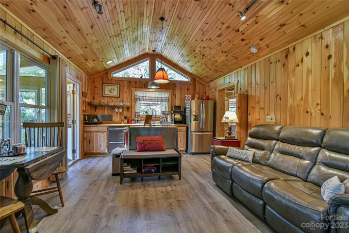 Guest cabin living looking into the kitchen