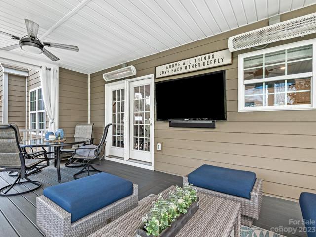 Screened Porch View - Trex flr, Heaters, ceiling fans, drop shades
