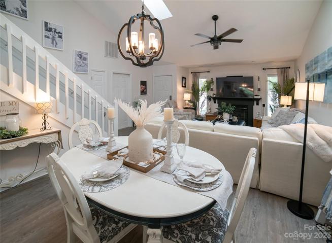The dining area in the great room is perfect for entertainin.