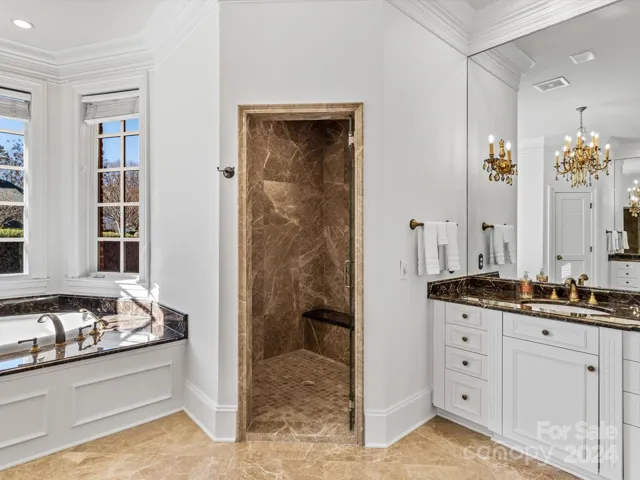 Main Floor Primary Suite Marble Steam Shower & one of dual vanities in suite