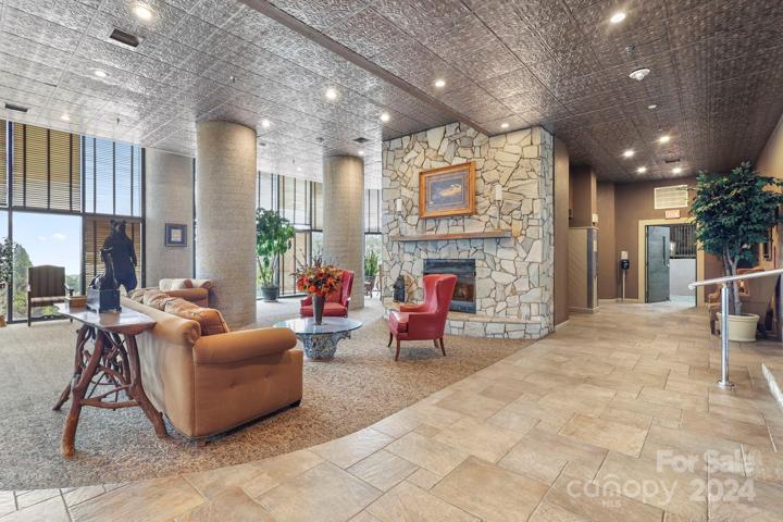 Lobby with fireplace
