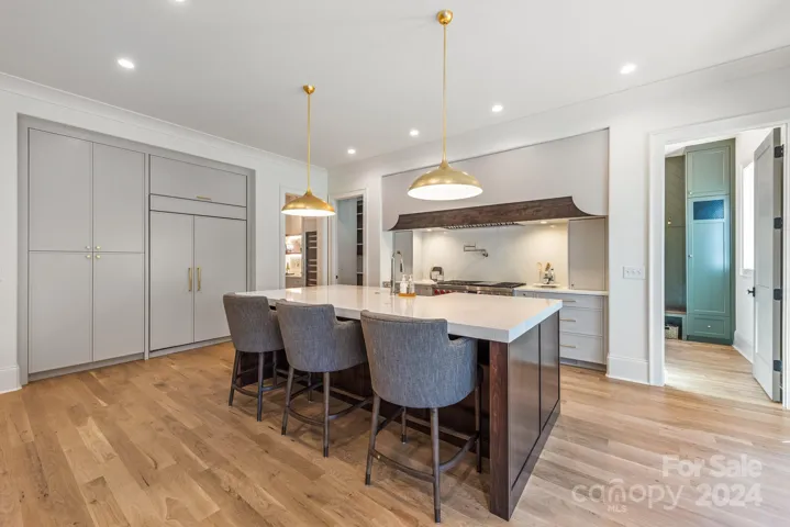 Centrally located kitchen:  Butlers pantry door on far left, Working pantry door to left of hood, and drop zone door to the right.